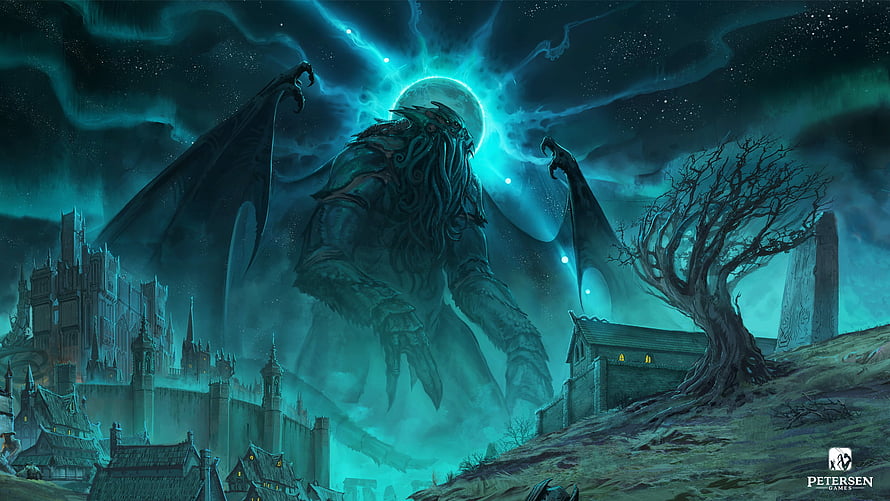 Cthulhu Mythos Cosmic Horror Illustration with Ancient One Over Dark Medieval City HD wallpaper