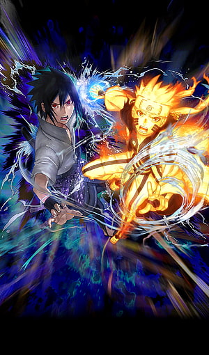 Naruto Uzumaki and Sasuke Uchiha Clashing in Dynamic Anime Battle Art HD phone wallpaper