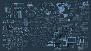 Hand-drawn digital technology and data science concept doodles on a dark blue background HD wallpaper