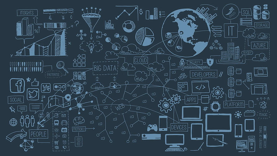 Hand-drawn digital technology and data science concept doodles on a dark blue background HD wallpaper
