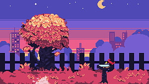 Pixel Art Autumn Garden Scene with City Skyline and Night Sky HD wallpaper