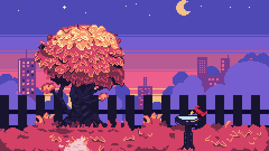 Pixel Art Autumn Garden Scene with City Skyline and Night Sky HD wallpaper