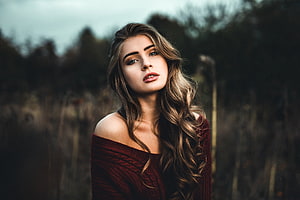 Outdoor Portrait of a Woman in a Red Off-Shoulder Knit Sweater HD wallpaper