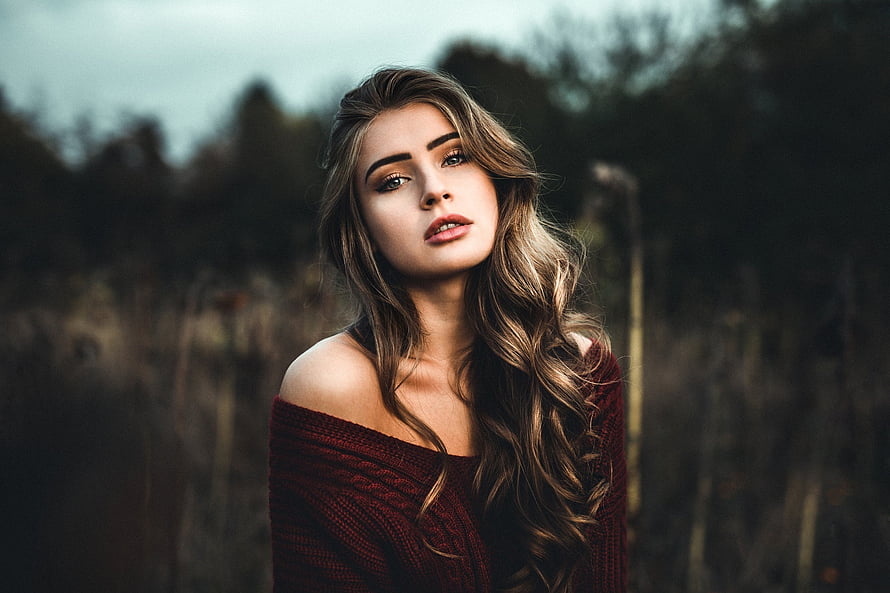 Outdoor Portrait of a Woman in a Red Off-Shoulder Knit Sweater HD wallpaper