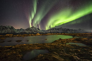 Green Aurora Borealis Dancing Over Snowy Norwegian Mountains and a Calm Night Lake HD wallpaper