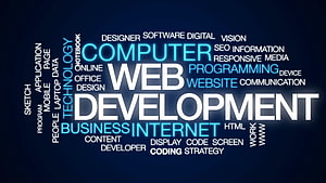 Web Development Word Cloud with Technology and Internet Keywords on Dark Blue Background HD wallpaper
