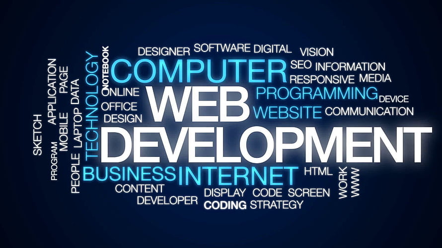 Web Development Word Cloud with Technology and Internet Keywords on Dark Blue Background HD wallpaper