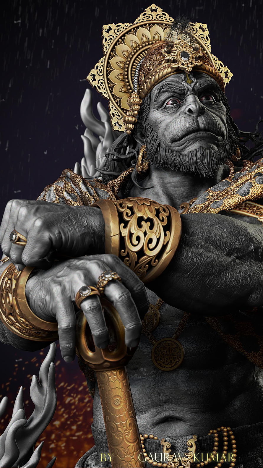 Hanuman in ornate golden armor and crown gripping a sword with a dark stormy background, Hanuman, gyan gunn sagar HD phone wallpaper