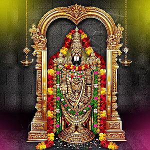 Ornate Venkateswara Swamy deity adorned with vibrant flower garlands and golden temple arch HD phone wallpaper