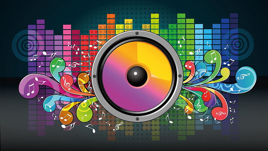 Vibrant Speaker with Colorful Music Notes and Audio Equalizer Bars HD wallpaper