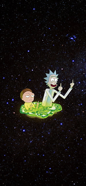 Rick and Morty floating in a green portal against a starry cosmic background HD phone wallpaper