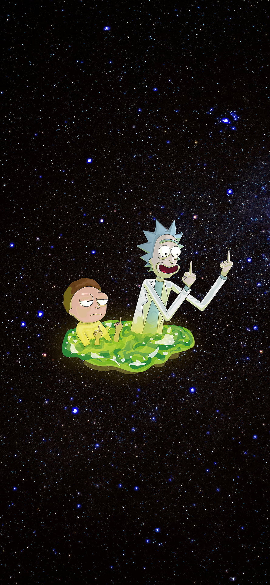 Rick and Morty floating in a green portal against a starry cosmic background HD phone wallpaper