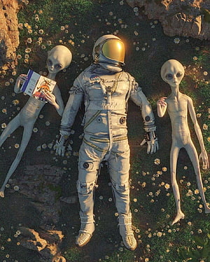 Astronaut Lying In A Field Of Daisies Flanked By Two Grey Aliens In A Surreal Digital Illustration HD phone wallpaper