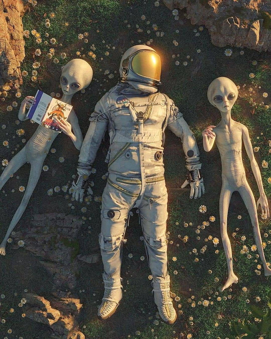 Astronaut Lying In A Field Of Daisies Flanked By Two Grey Aliens In A Surreal Digital Illustration HD phone wallpaper