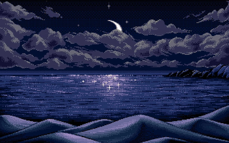 Pixel Art Night Ocean Scene with Crescent Moon and Starry Sky HD wallpaper