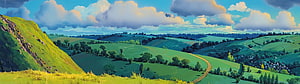 Studio Ghibli Style Rolling Green Hills and Winding Country Road Under Dramatic Clouds HD wallpaper