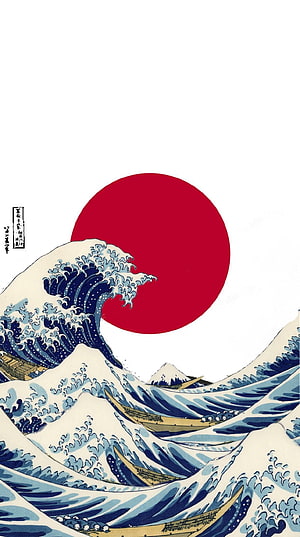 The Great Wave off Kanagawa with Rising Sun Japanese Woodblock Print HD phone wallpaper