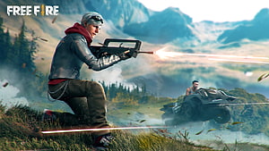 Free Fire character firing assault rifle in mountainous battlefield with ATV vehicle HD wallpaper