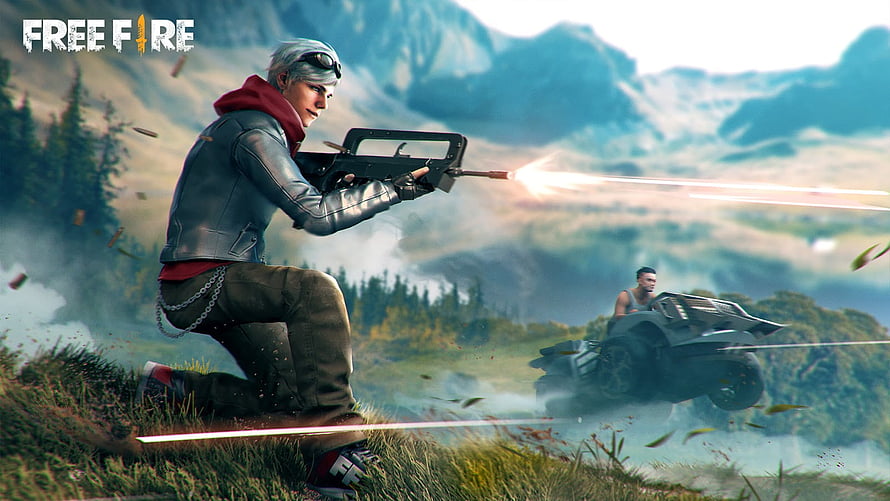 Free Fire character firing assault rifle in mountainous battlefield with ATV vehicle HD wallpaper
