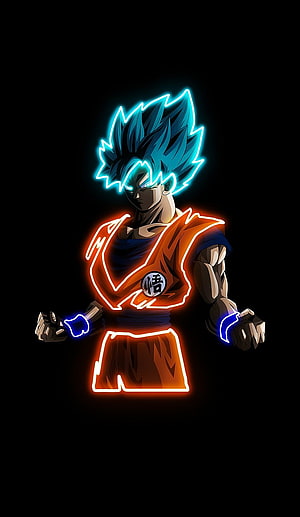 Goku Blue Hair Neon Glow Anime Character Artwork on Black Background HD phone wallpaper