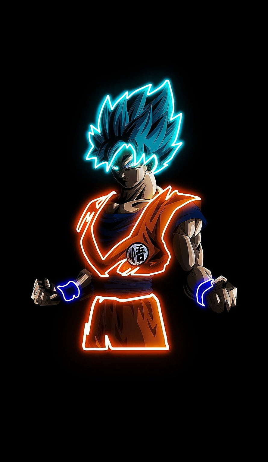 Goku Blue Hair Neon Glow Anime Character Artwork on Black Background HD phone wallpaper