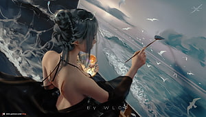 WLOP Fantasy Artwork of a Woman Painting a Serene Ocean Landscape with Birds HD wallpaper