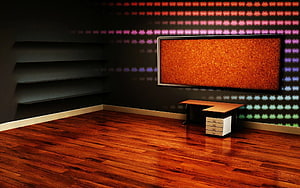 Modern Home Office with Retro Arcade Wall Art and Warm Wood Flooring HD wallpaper