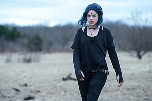 Raven from DC Titans in a desolate field with blue hair and black outfit HD wallpaper