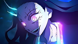 Nezuko Kamado Demon Form with Glowing Pink Eyes and Cracked Skin in Dark Blue Setting HD wallpaper