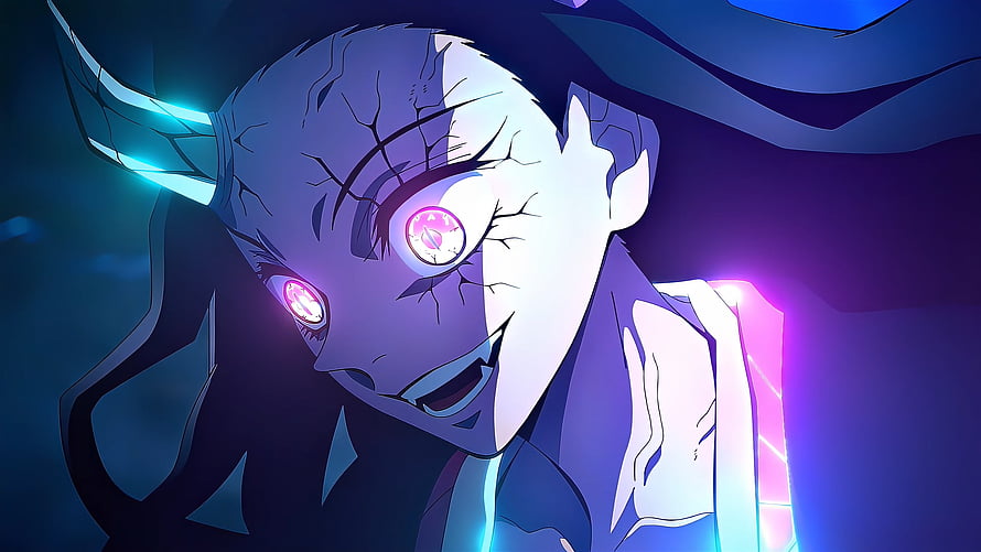 Nezuko Kamado Demon Form with Glowing Pink Eyes and Cracked Skin in Dark Blue Setting HD wallpaper