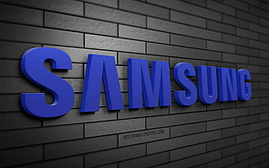 Samsung 3D Blue Logo on Dark Gray Brick Wall HD wallpaper