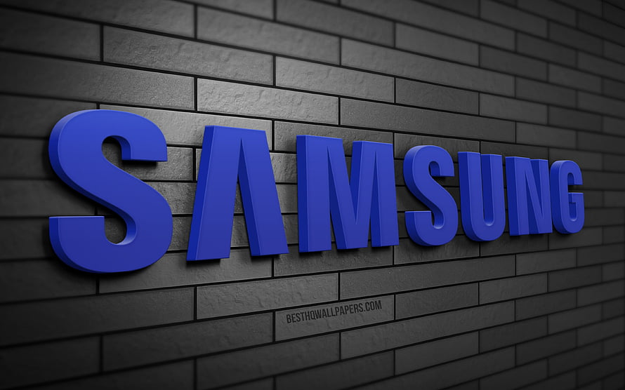 Samsung 3D Blue Logo on Dark Gray Brick Wall HD wallpaper