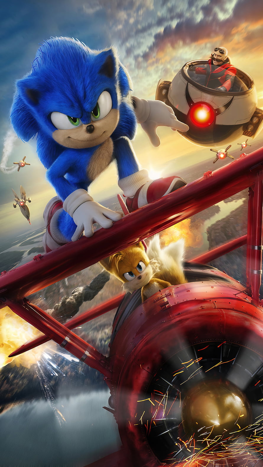 Sonic the Hedgehog 2 Movie Poster Featuring Sonic, Tails, and Dr. Eggman in Aerial Chase HD phone wallpaper