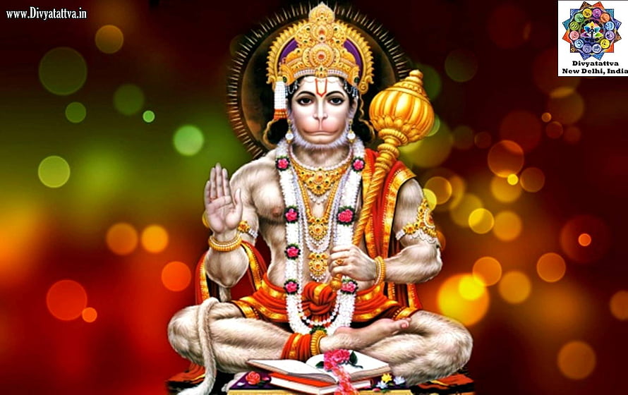Hanuman Ji in Meditative Pose with Gada and Sacred Text on Vibrant Bokeh Background HD wallpaper