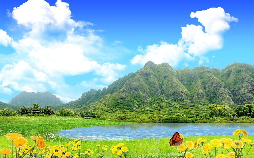 Vibrant tropical landscape with lush green mountains, a calm lake, and yellow wildflowers under a bright blue sky HD wallpaper