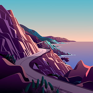 Stylized Coastal Cliff Road at Sunset with Purple Mountains and Ocean Waves HD phone wallpaper