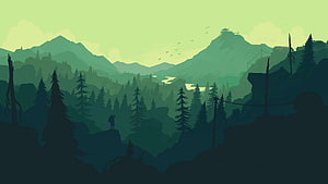 Minimalist Forest Landscape with Distant Mountains and Lone Figure HD wallpaper