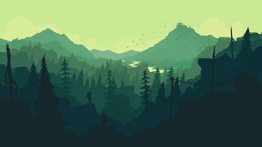 Minimalist Forest Landscape with Distant Mountains and Lone Figure HD wallpaper