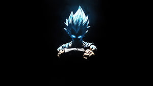 Vegeta Blue Aura Portrait with Glowing Eyes and Spiky Hair in Dark Setting HD wallpaper