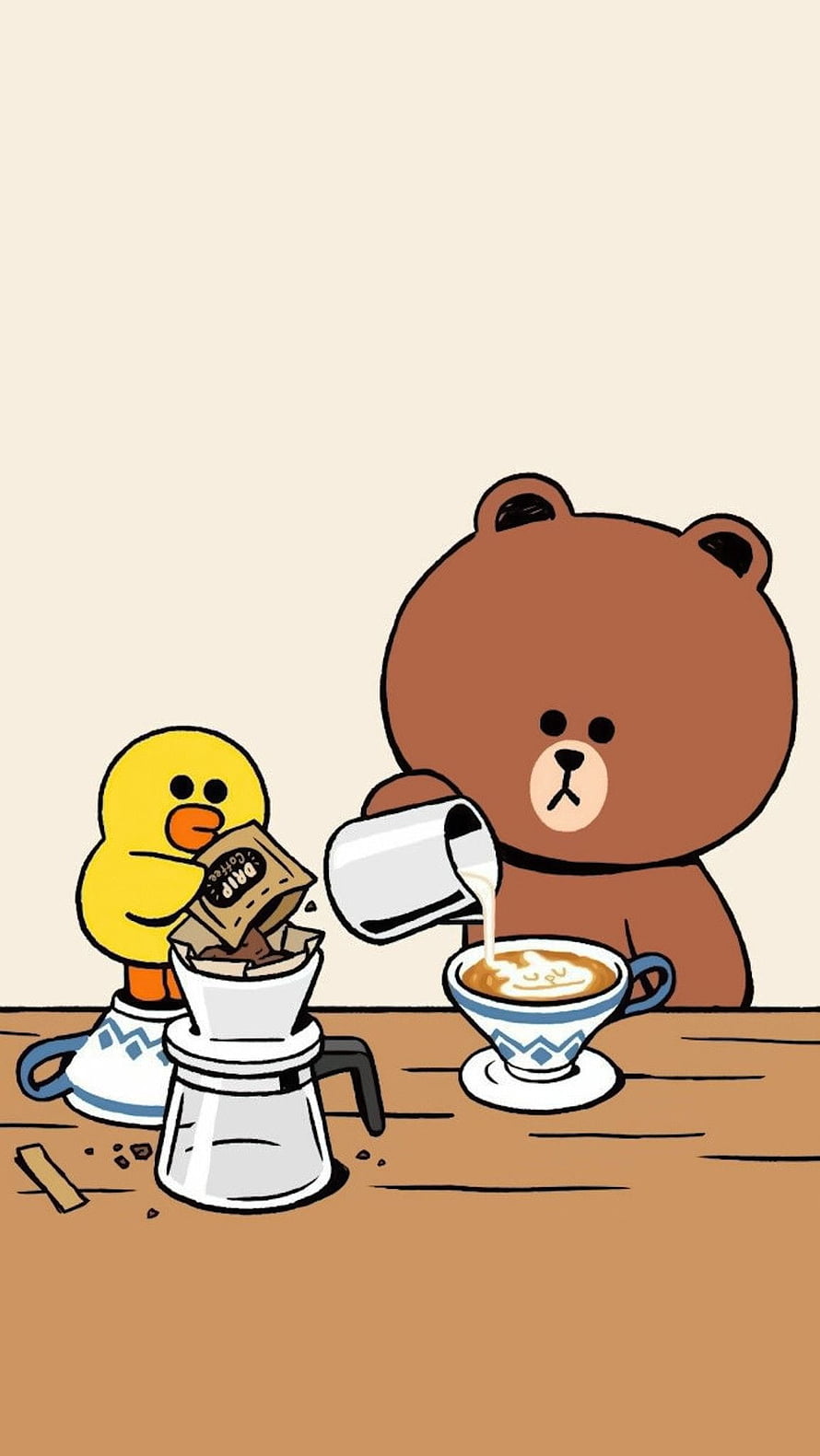 Line Friends Brown and Sally Making Coffee Together in a Cozy Cafe Scene HD phone wallpaper