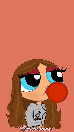 Cartoon Girl Blowing Red Bubblegum Wearing TikTok Sweatshirt on Coral Background HD phone wallpaper