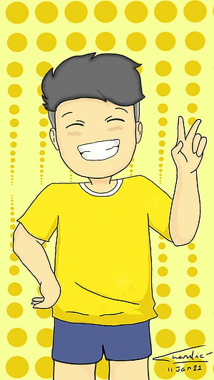 Cheerful cartoon boy in yellow shirt making peace sign on polka dot background HD phone wallpaper