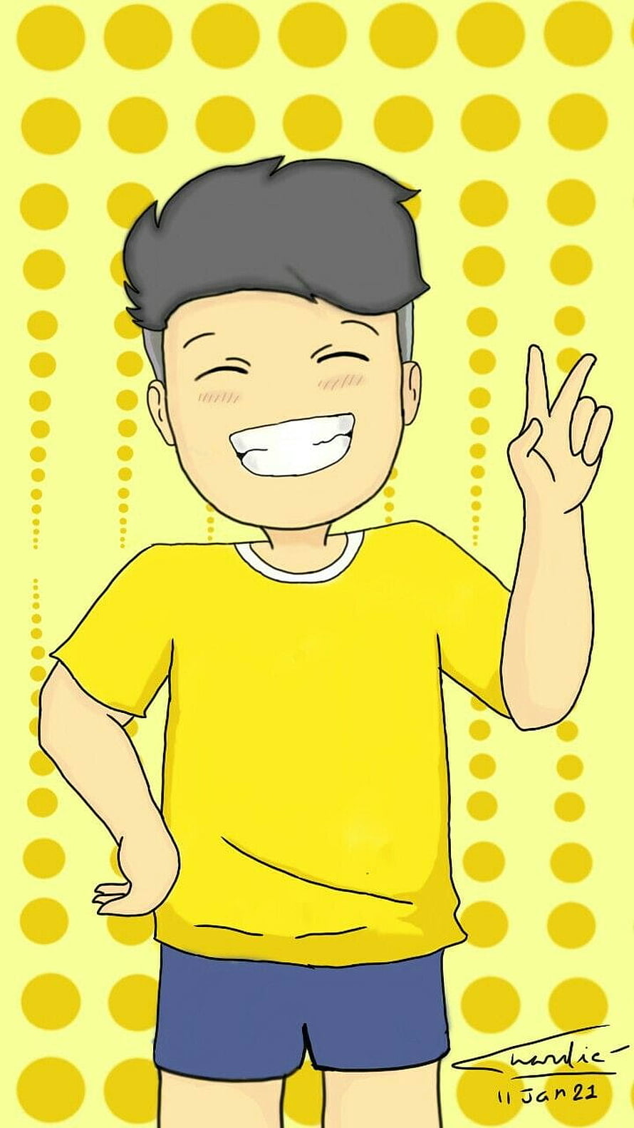 Cheerful cartoon boy in yellow shirt making peace sign on polka dot background HD phone wallpaper