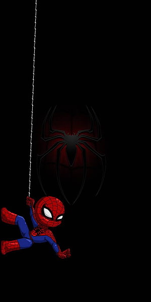 Spider-Man Swinging on Web Against Dark Background with Spider Emblem HD phone wallpaper