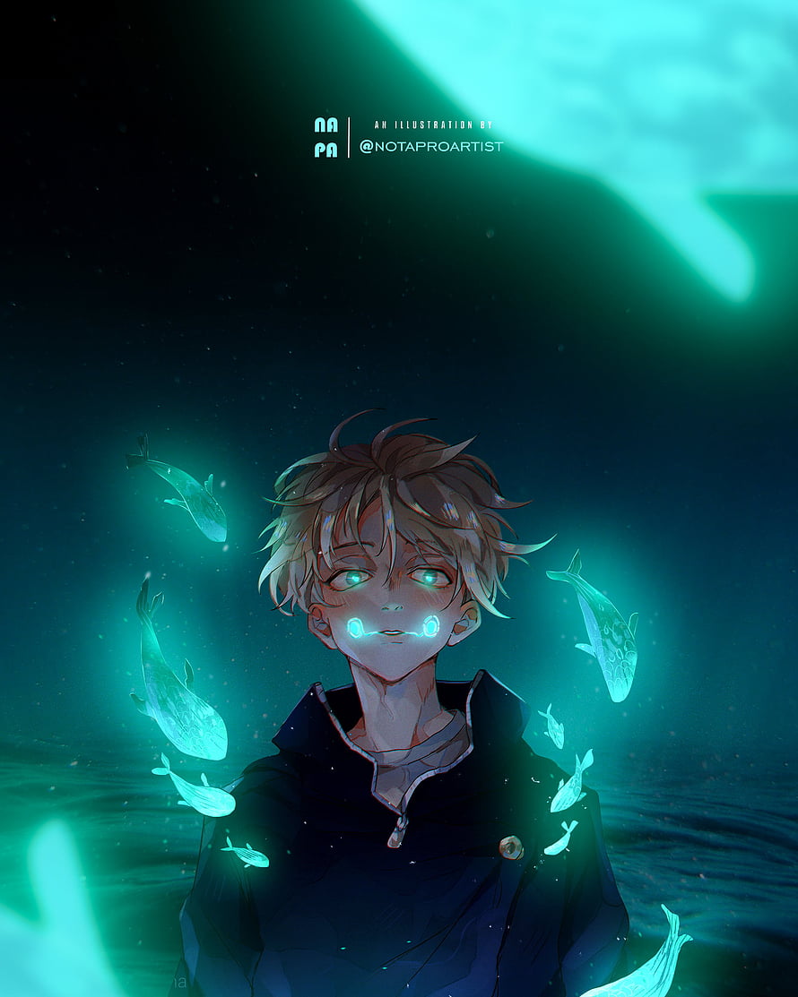 Inumaki Toge Jujutsu Kaisen Anime Illustration with Glowing Bioluminescent Fish HD phone wallpaper