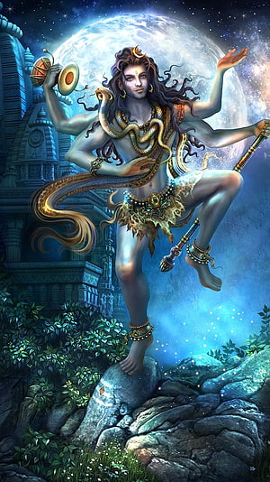 Lord Shiva Performing Tandav Dance Under Full Moon With Serpent and Temple HD phone wallpaper