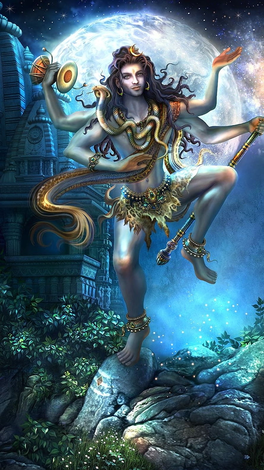 Lord Shiva Performing Tandav Dance Under Full Moon With Serpent and Temple HD phone wallpaper