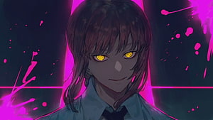 Makima from Chainsaw Man with glowing yellow eyes and neon pink splatter background, Makima Chainsaw Man Live in 2021. Anime art girl, Anime , Anime HD wallpaper