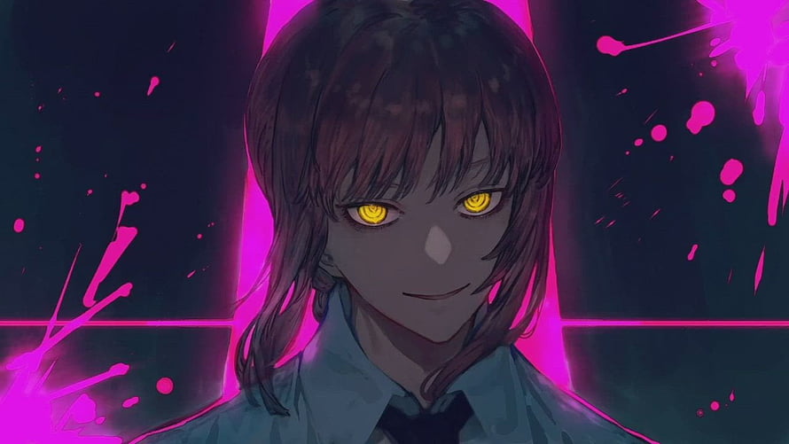 Makima from Chainsaw Man with glowing yellow eyes and neon pink splatter background, Makima Chainsaw Man Live in 2021. Anime art girl, Anime , Anime HD wallpaper