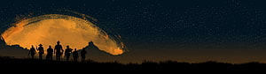 Red Dead Redemption 2 Silhouetted Gang Standing Under a Massive Orange Moon in a Starry Night Sky HD wallpaper
